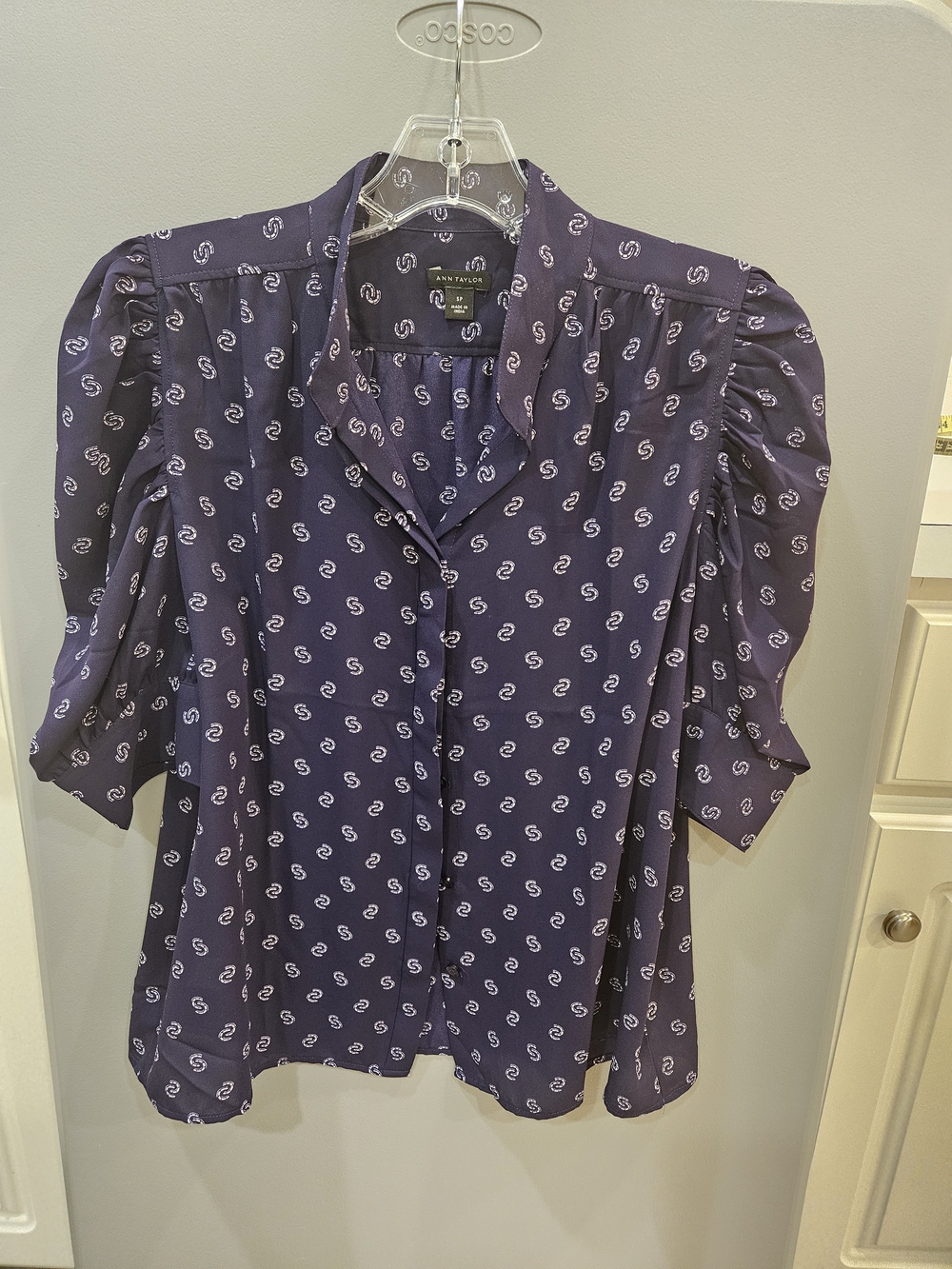 Ann Taylor Purple Printed Puff Sleeve Blouse